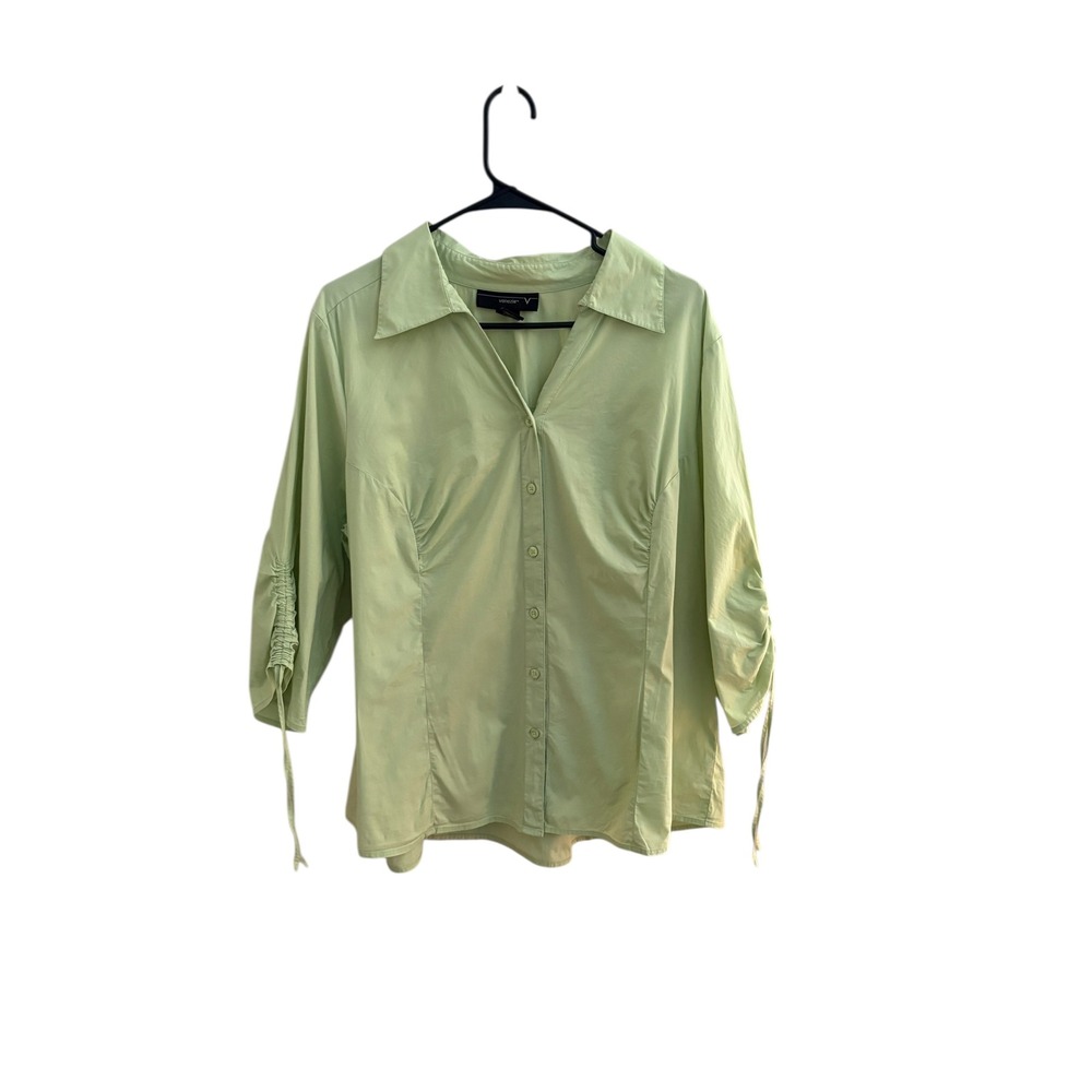 Y2K Venezia Lane Bryant Green Ruched Sleeve Button-Up Blouse Plus Size 18/20